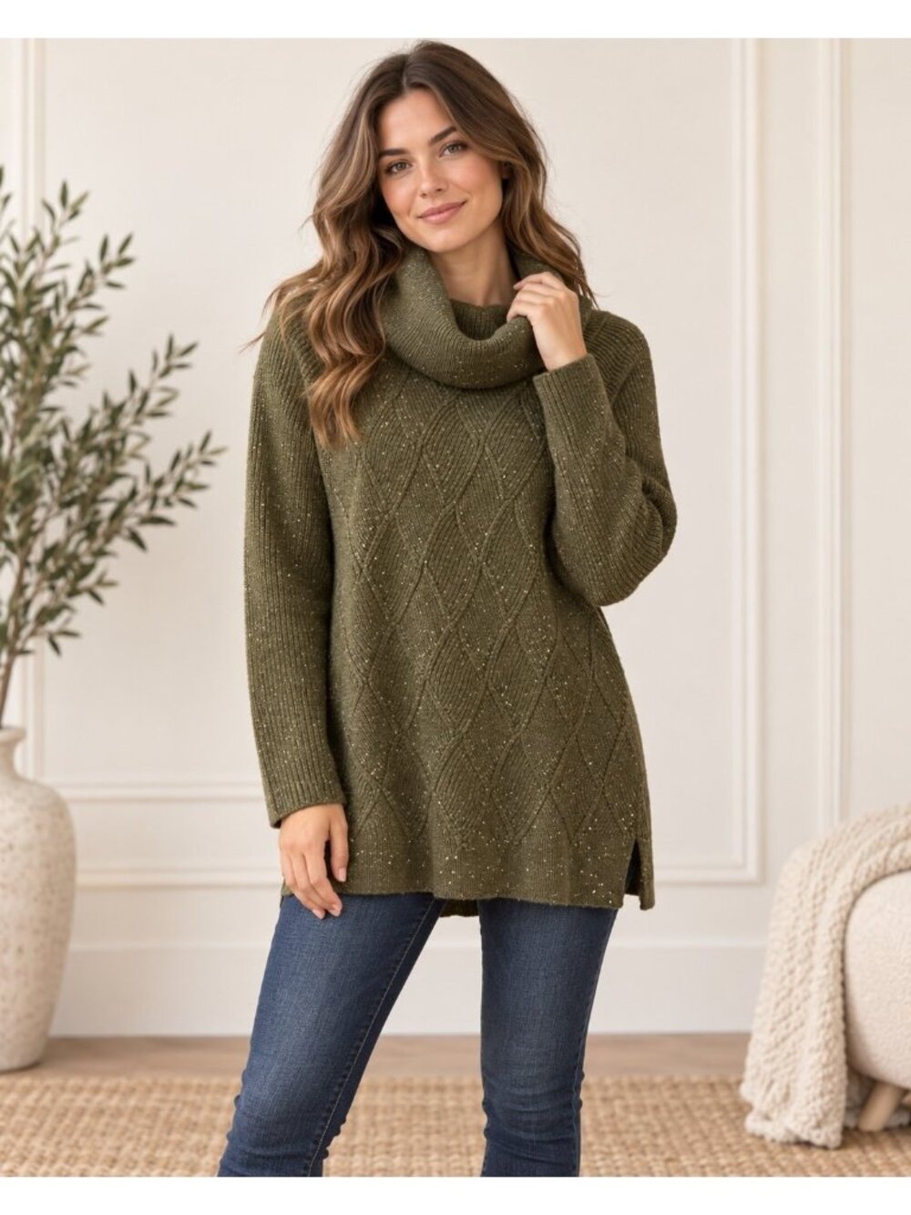 Women's Green Cowl Neck Tunic Women's Green Cowl Neck Tunic Sweater with Sparkle